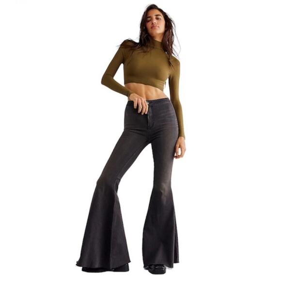 Free People Just Float On Super Flare Stretch Jeans Washed Black Women’s Size 26 - Picture 1 of 12